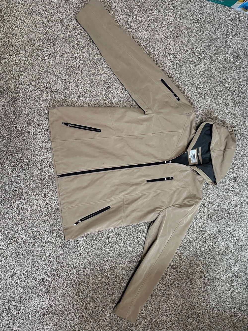 BKE Men's Hooded Raincoat in Taupe with Black Trim